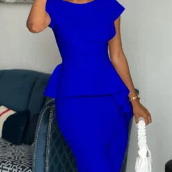 Plus Size Women Round Neck Solid Short Sleeve Slit Dress -Deals Toggenix Store 854d2b5489ef7f9c