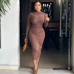 Women's Solid Color Round Neck Long Sleeve Slim Midi Dress 10 Women's Solid Color Round Neck Long Sleeve Slim Midi Dress -Deals Toggenix Store 85fbf7330463c3e2