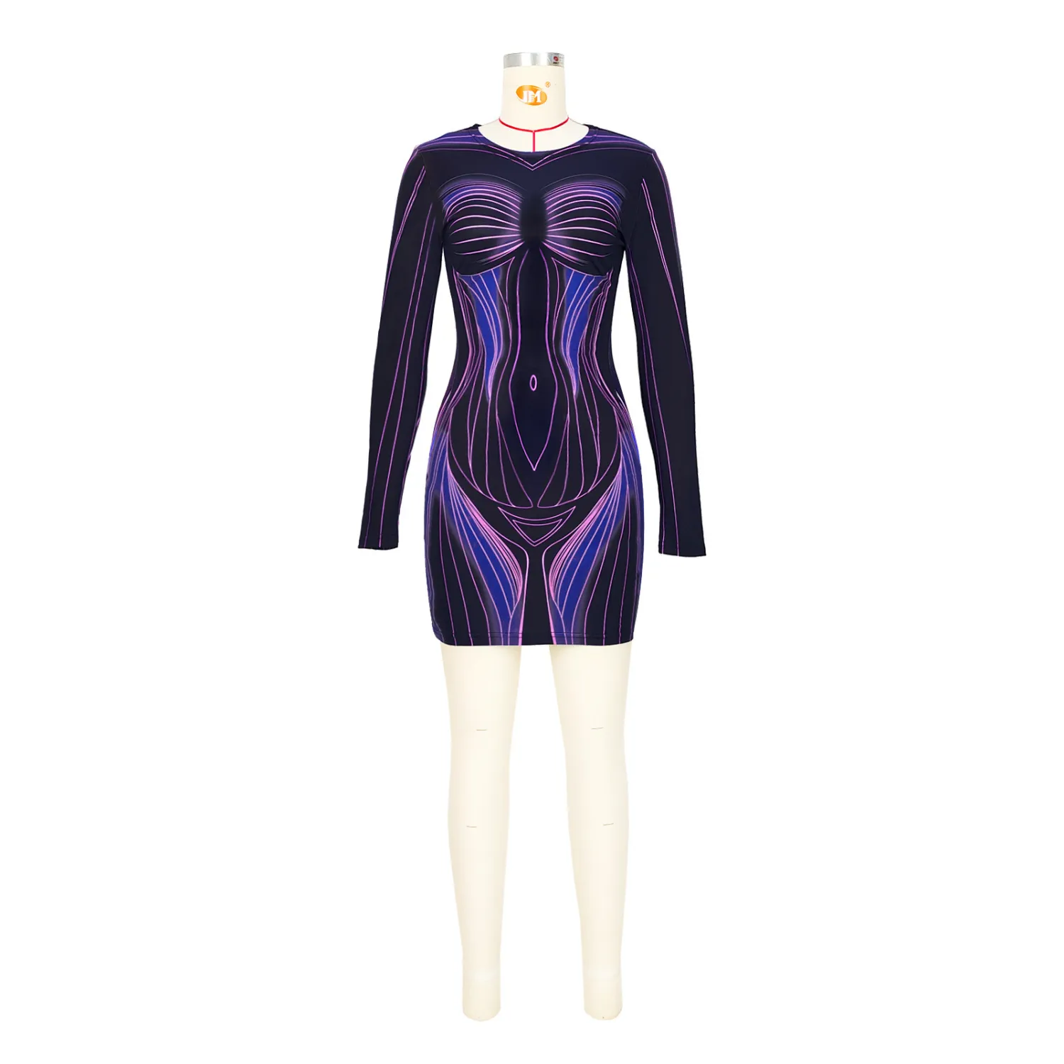 Women's Fashion Printed Round Neck Long Sleeve Slim Dress 1 Women's Fashion Printed Round Neck Long Sleeve Slim Dress