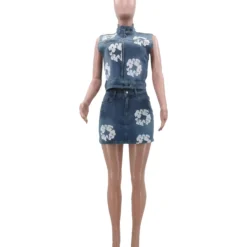 Casual Women's Clothing Style Printed Elastic Denim Skirt Sleeveless Vest Set