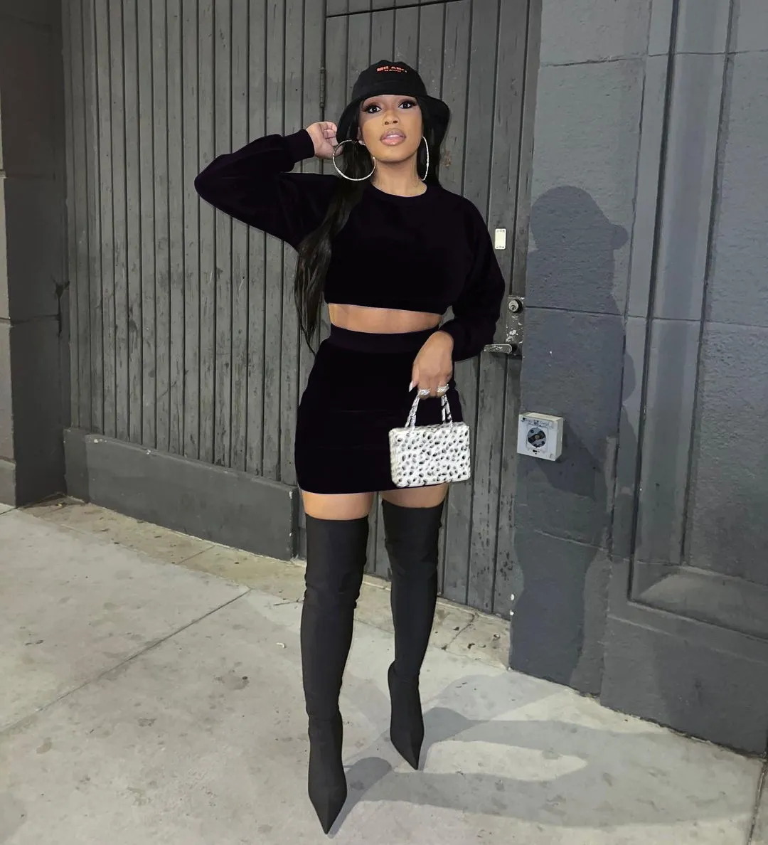 Women Velvet Long Sleeve Top And Mini Skirt Two Piece Set 3 Women Velvet Long Sleeve Top And Mini Skirt Two Piece Set - Image 3