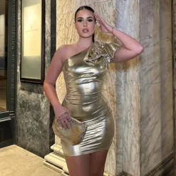 Women Sexy Bow One Shoulder Metallic Dress -Deals Toggenix Store 891f5ab394ddd9ac