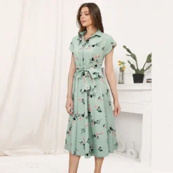 Summer Women's Art Retro Print Turndown Collar Lace-Up Mid Waist Dress -Deals Toggenix Store 89f7f4276a9d483c