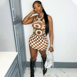 Women Clothes Fashion Print Sleeveless Vest Checker Mini Slit Skirt Two Piece Set -Deals Toggenix Store 8ab933ffa63cc9f8
