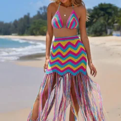 Women Sexy Crocheted Wave Pattern Fringed Beach Cover-up Dress Two-piece Set