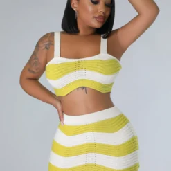 Summer Fashionable Contrasting Stripes Sexy Knitting High Waist Two Piece Skirt Set -Deals Toggenix Store 8c7fee2e875fdb45