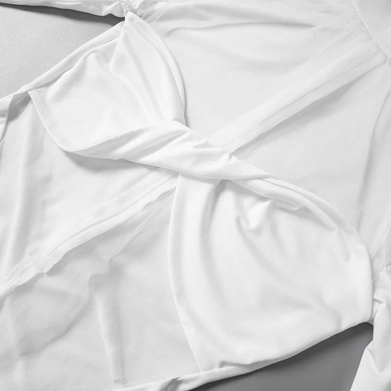 Women's Summer Solid Color Patchwork Mesh Round Neck Long Sleeve Slim Fit Pleated Short Dress 1 Women's Summer Solid Color Patchwork Mesh Round Neck Long Sleeve Slim Fit Pleated Short Dress