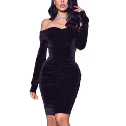 Women'S Autumn Dress Elegant Off Shoulder Velvet Long Sleeve Bodycon Dress Lazy Style Women'S Clothing -Deals Toggenix Store 8e5436a5d40c060b