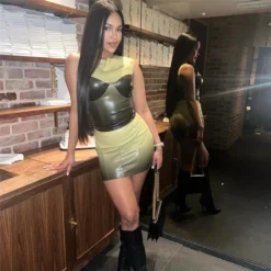 Summer Women's Fashionable Pu Vest High Waist Contrast Color Bodycon Skirt Two Piece Set -Deals Toggenix Store 8f47292faa6bd317