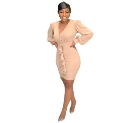 Women Solid Color Sexy V-Neck Ruffle Bodycon Dress -Deals Toggenix Store 8f690ca7e97d5d67