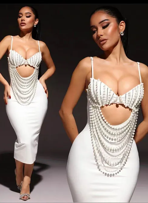Gorgeous Beaded Sexy Cutout Strap Elegant Chic White Bandage Evening Gown 14 Gorgeous Beaded Sexy Cutout Strap Elegant Chic White Bandage Evening Gown - Image 14