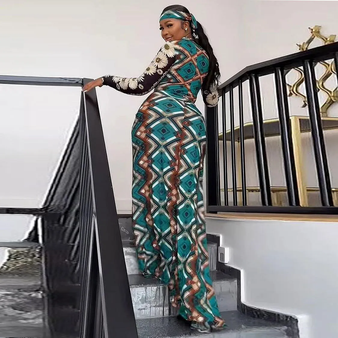 Sexy Floral Printed Turndown Collar Slim Fit Slit Long Dress With Bandana 2 Sexy Floral Printed Turndown Collar Slim Fit Slit Long Dress With Bandana - Image 2