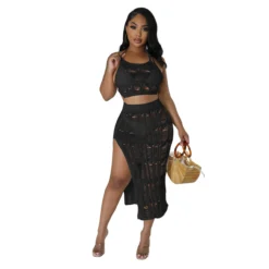 Women's Spring Summer Beach Knitting Vest Slit Skirt Slit Sexy Two Piece Set