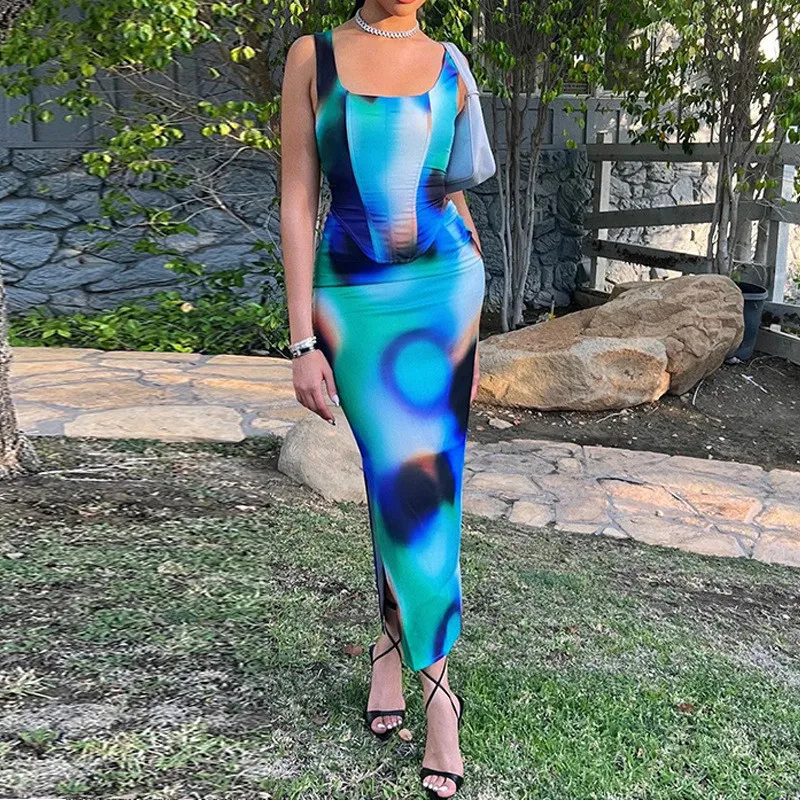 Women Printed Sleeveless Vest Top And Slit Skirt Two-piece Set 3 Women Printed Sleeveless Vest Top And Slit Skirt Two-piece Set - Image 3