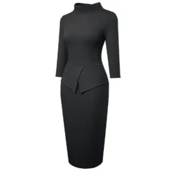 Chic Women's Mid Waist Patchwork Solid Color Half Turtleneck Bodycon Work Dress