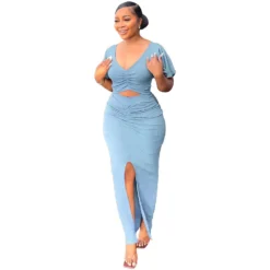 Women Ruffle Sleeve Crop V-Neck Top And Slit Bodycon Skirt Two-Piece Set -Deals Toggenix Store 91bf241156afa05f