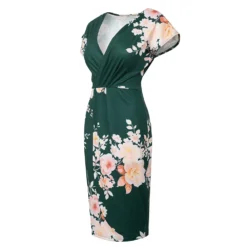 Women V-Neck Short Sleeve Pleated Floral Bodycon Dress -Deals Toggenix Store 91e0ca0418673964