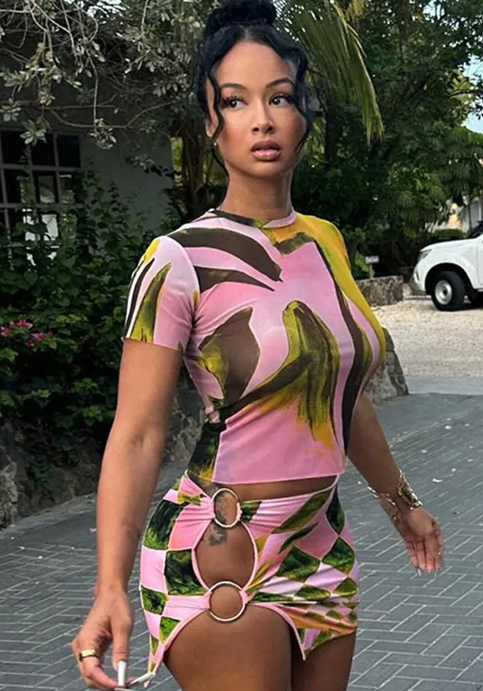 Women Short-sleeved Printed Sexy Top And Mini Skirt Two-piece Set 10 Women Short-sleeved Printed Sexy Top And Mini Skirt Two-piece Set - Image 10