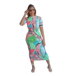 Summer Ladies Fitted Round Neck Painted Print Dress -Deals Toggenix Store 93e13f7c8cf65877