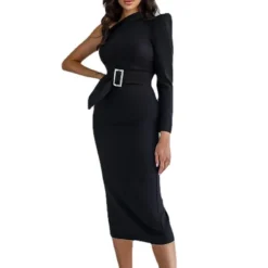 Chic Career Style Slash Shoulder One Shoulder Solid Color Slit Elegant Midi Dress With Belt -Deals Toggenix Store 9579c50f6515c850
