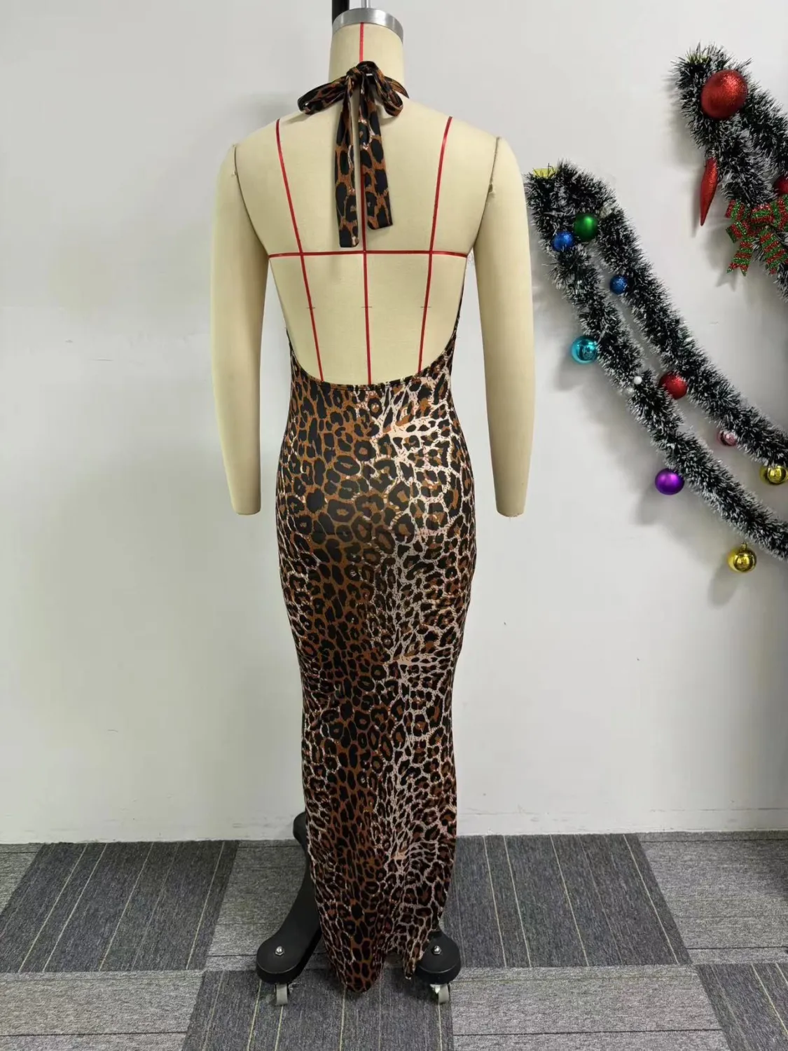 Women Printed Lace-Up Halter Neck Elastic Pleated Bodycon Leopard Print Dress 4 Women Printed Lace-Up Halter Neck Elastic Pleated Bodycon Leopard Print Dress - Image 4
