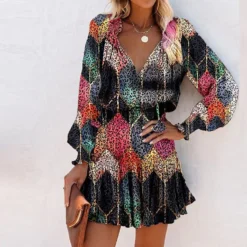 Spring Summer Long Sleeve V Neck Fashion Print Slim Waist Dress For Women -Deals Toggenix Store 95d2da2a177b22bf