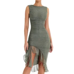 Women's Fashion Mesh Pleated Ruffle Irregular Mid Length Slim Low Back Sleeveless Dress -Deals Toggenix Store 969167c21941a0fb