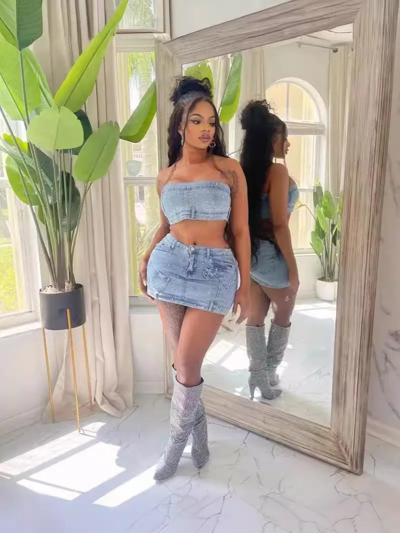 Fashionable Women's Clothing Beaded Strapless Stretch Denim Two Piece Skirt Set 2 Fashionable Women's Clothing Beaded Strapless Stretch Denim Two Piece Skirt Set - Image 2