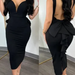 Chic Elegant Solid Color Low Back Deep V High Waist Bow Elastic Slit Bodycon Dress -Deals Toggenix Store 98782b5e8d8e4848