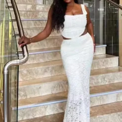 Women Sexy Pleated Top And Lace Skirt Two-piece Set