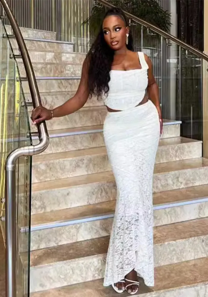 Women Sexy Pleated Top And Lace Skirt Two-piece Set 1 Women Sexy Pleated Top And Lace Skirt Two-piece Set