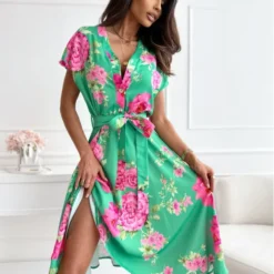 Women Summer V Neck Lace-up Printed Short-Sleeved Dress -Deals Toggenix Store 9917a4e28e51bb2a