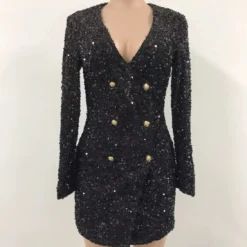 Women Sexy Black Sequins Double Breasted Long Sleeve Career Dress