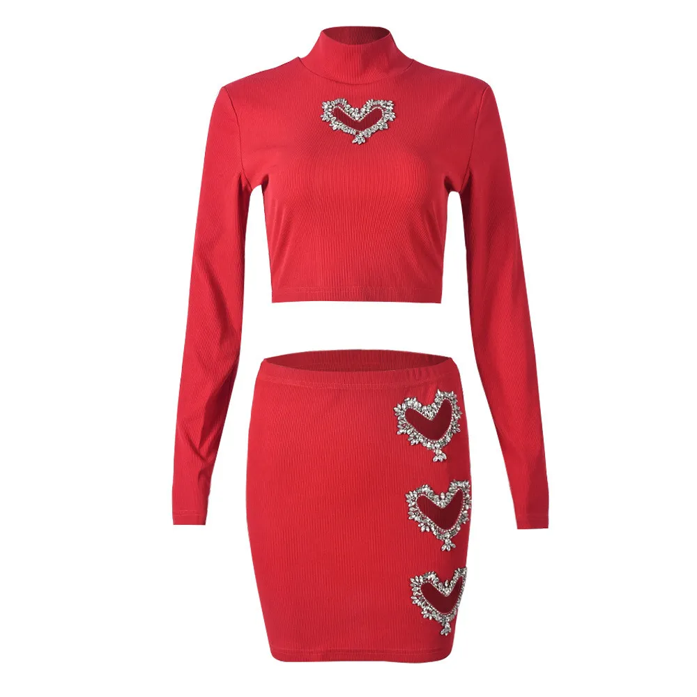 Rhinestone Heart Hollow Crop T-Shirt Short Skirt Fashion Casual Two Piece Set For Women 17 Rhinestone Heart Hollow Crop T-Shirt Short Skirt Fashion Casual Two Piece Set For Women - Image 17