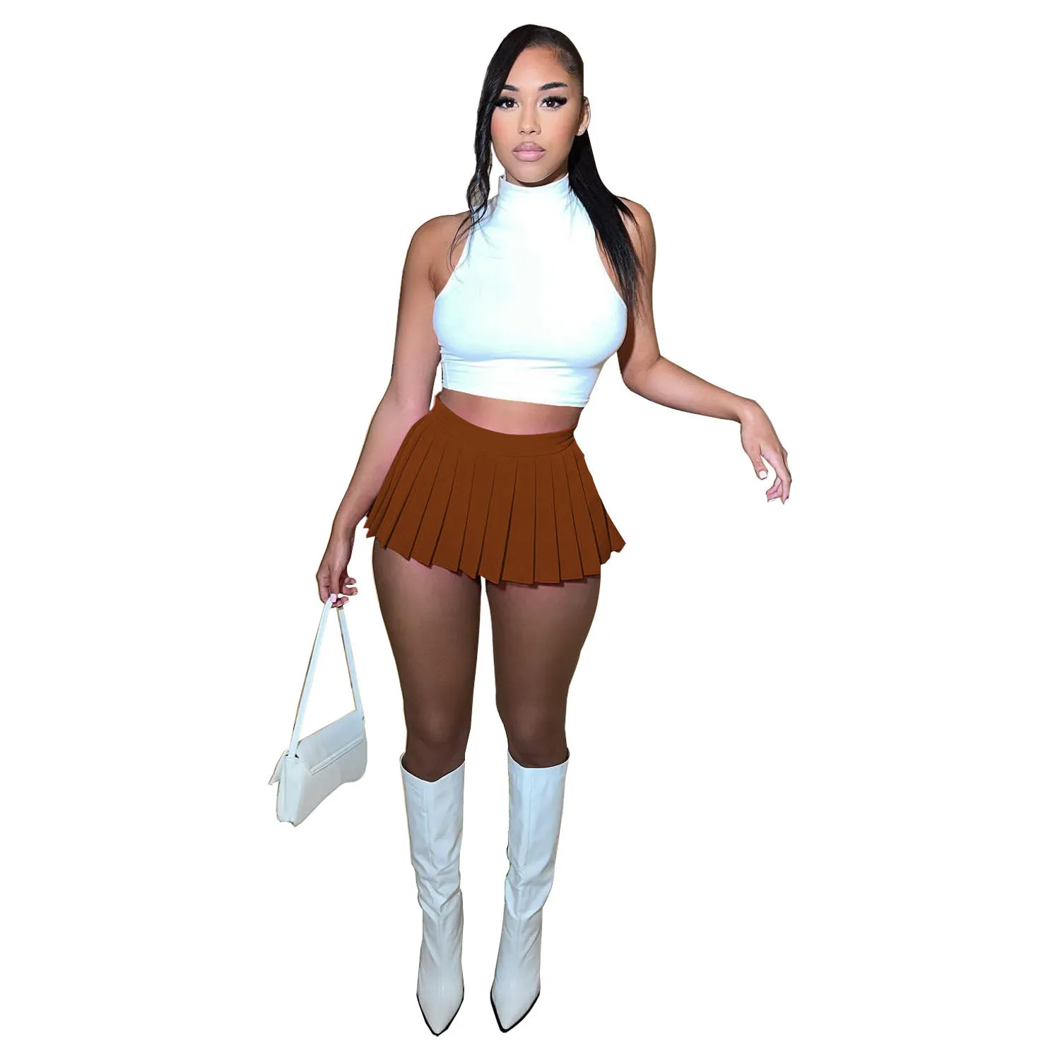 Women Summer Solid Color T-shirt + Pleated Dress Two-piece Set 9 Women Summer Solid Color T-shirt + Pleated Dress Two-piece Set - Image 9