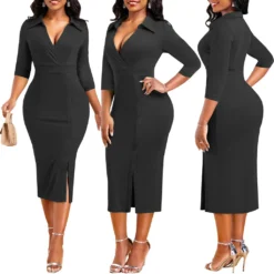 Women Solid Lapel Slit Half Sleeve Dress -Deals Toggenix Store 9a803d6302734d7e