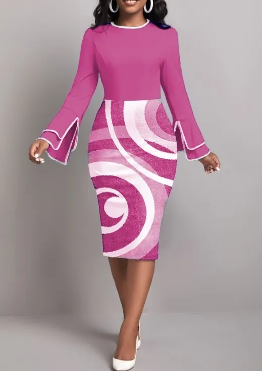 Women Long Sleeve Printed Patchwork Round Neck Elegant Bodycon Dress 8 Women Long Sleeve Printed Patchwork Round Neck Elegant Bodycon Dress - Image 8