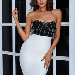 Spring Strapless Tight Fitting Dress Black & White Patchwork Bandage Dress Chic Diamond-Encrusted Dress