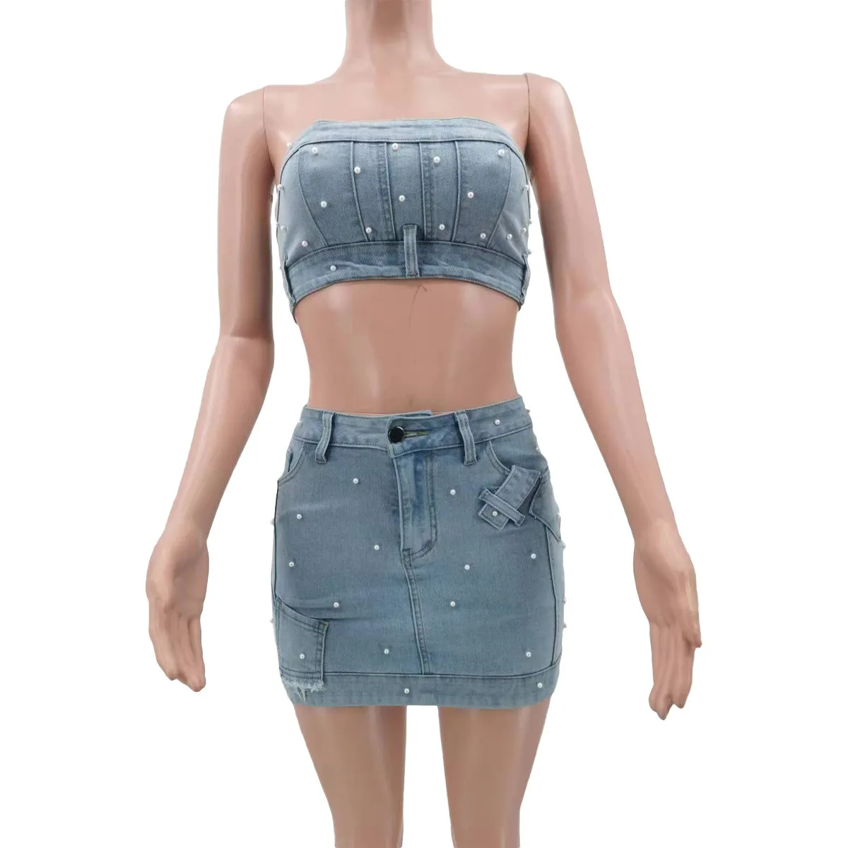 Fashionable Women's Clothing Beaded Strapless Stretch Denim Two Piece Skirt Set 4 Fashionable Women's Clothing Beaded Strapless Stretch Denim Two Piece Skirt Set - Image 4