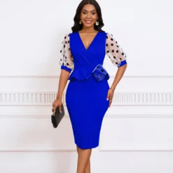 Women Summer Mesh Flocked Puff Sleeves V-neck Bodycon Dress -Deals Toggenix Store 9ad8e56c5274c690