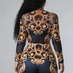 Women's Fashionable Sexy Printed See-Through Mesh Bodysuit Shorts Two-Piece Set