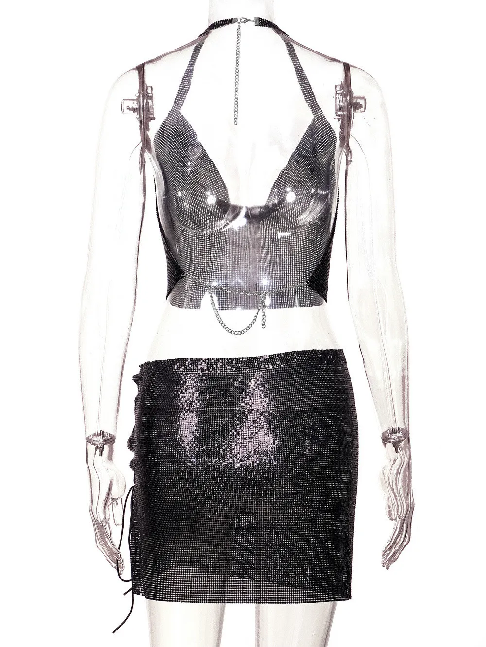 Autumn Sexy Metallic Sequins Lace-Up Two Piece Night Club Skirt Set 11 Autumn Sexy Metallic Sequins Lace-Up Two Piece Night Club Skirt Set - Image 11