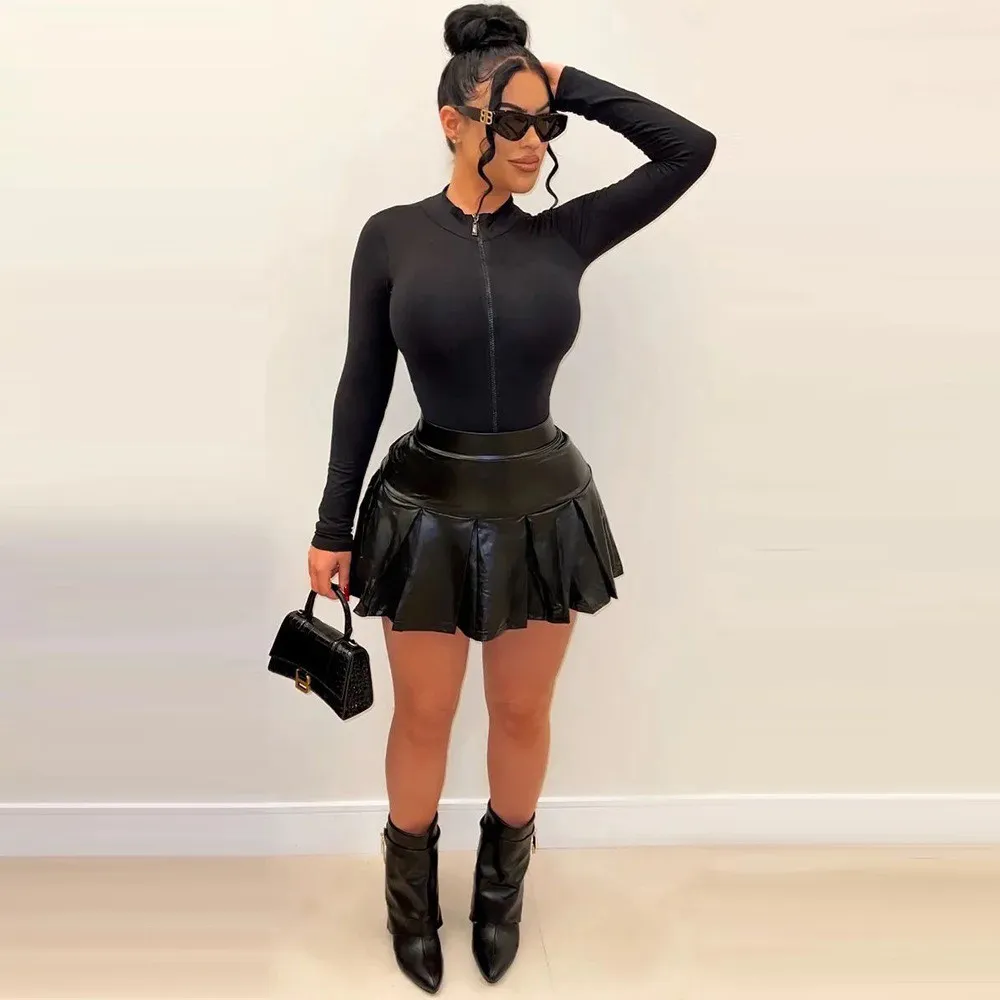 Fashion Women's Long Sleeve Slim Waist Bodysuit Pu Skirt Two Piece Set 3 Fashion Women's Long Sleeve Slim Waist Bodysuit Pu Skirt Two Piece Set - Image 3