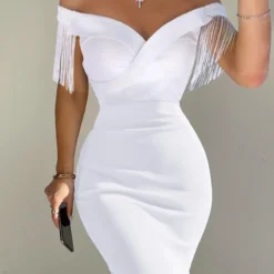 Women Sexy Off-Shoulder Fringe Short Sleeve Slim Fit Maxi Dress -Deals Toggenix Store 9da0b6bcba85dbbe