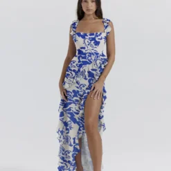 Sexy Printed Ruffle Strap Slit Long Dress
