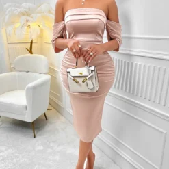 Women Sexy Summer Solid Off Shoulder Pleated Dress