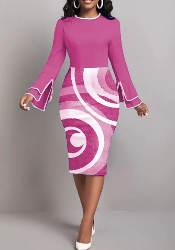 Women Long Sleeve Printed Patchwork Round Neck Elegant Bodycon Dress 3 Women Long Sleeve Printed Patchwork Round Neck Elegant Bodycon Dress - Image 3