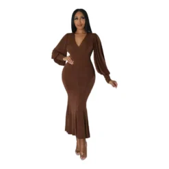 Long Sleeve V Neck Slim Chic Slim Waist Gown Fall Winter Women'S Dress -Deals Toggenix Store a068c7d4003af301