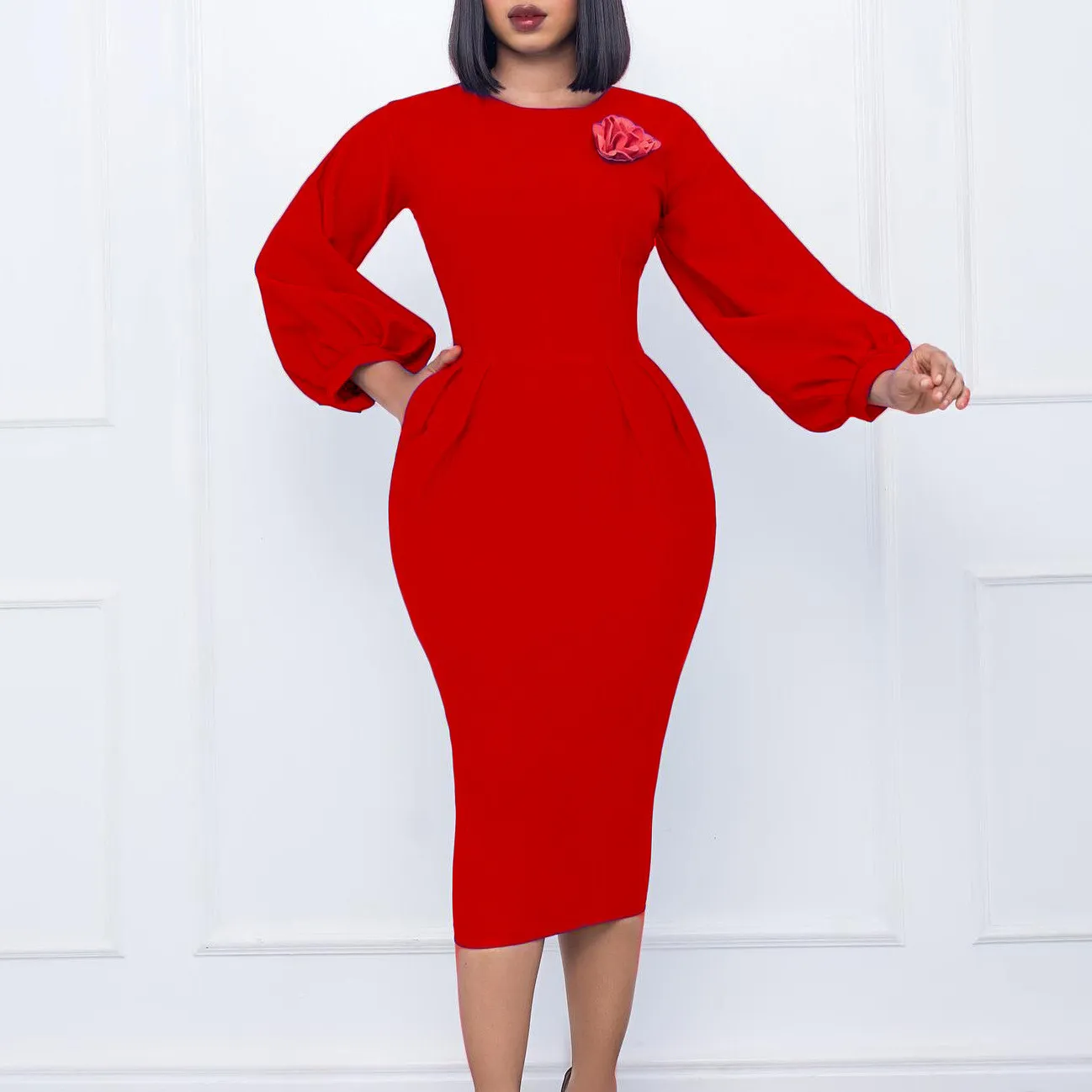 Women's Fall Winter Solid Color Bodycon Pro Ol Chic Plus Size African Dress 4 Women's Fall Winter Solid Color Bodycon Pro Ol Chic Plus Size African Dress - Image 4