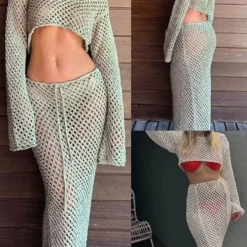 Sexy Women's Long-Sleeved Knitting Shirt High-Waisted Long Skirt Two Piece Set -Deals Toggenix Store a12935e48b850192